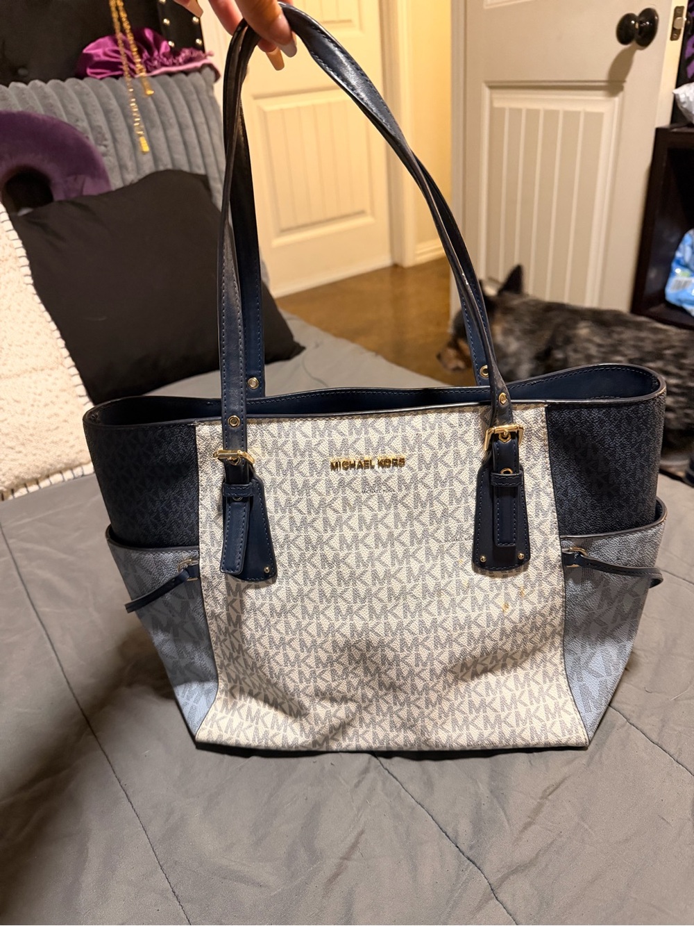 Michael Kors Navy and White MK Logo Tote with Gold Hardware